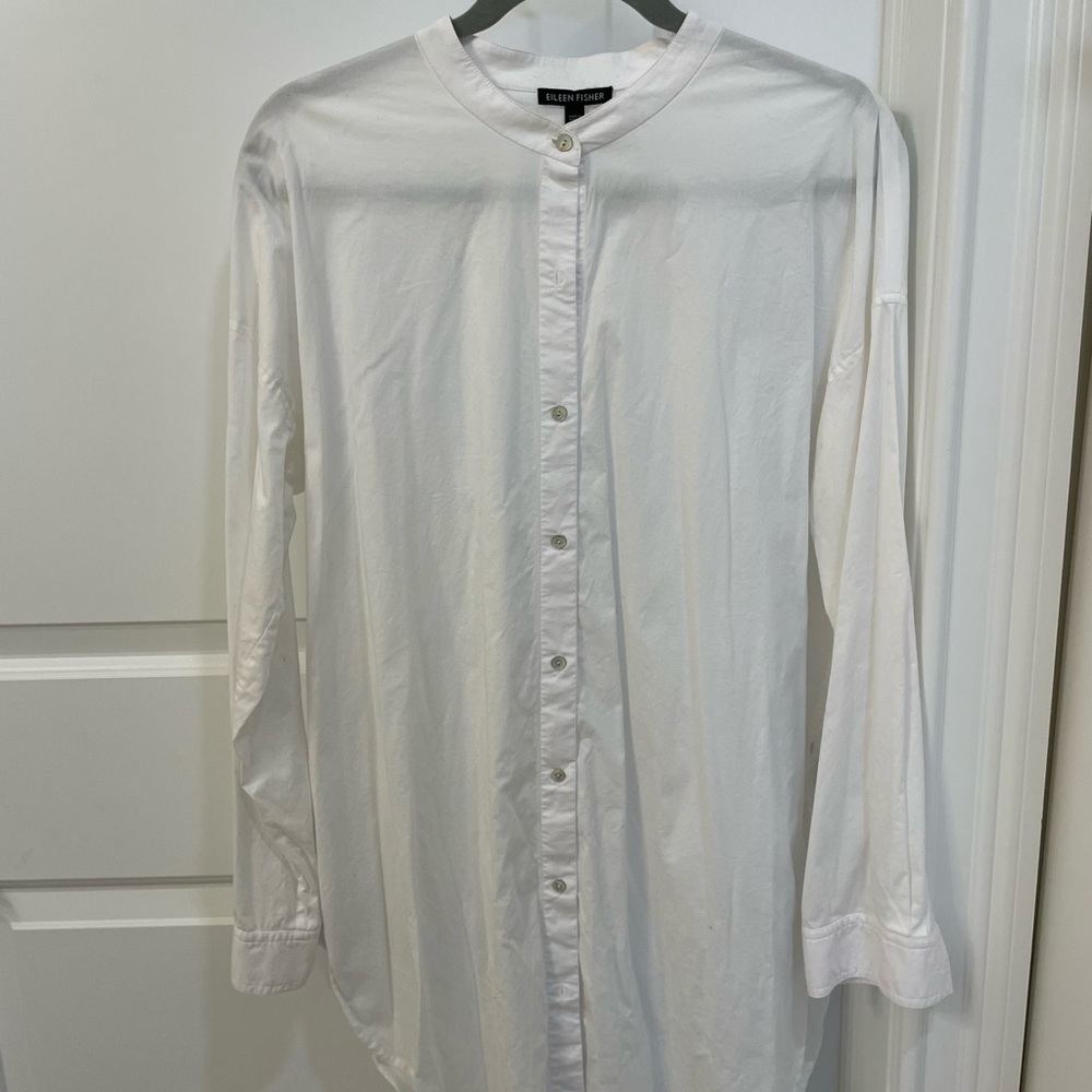 Eileen Fisher oversized white collarless shirt